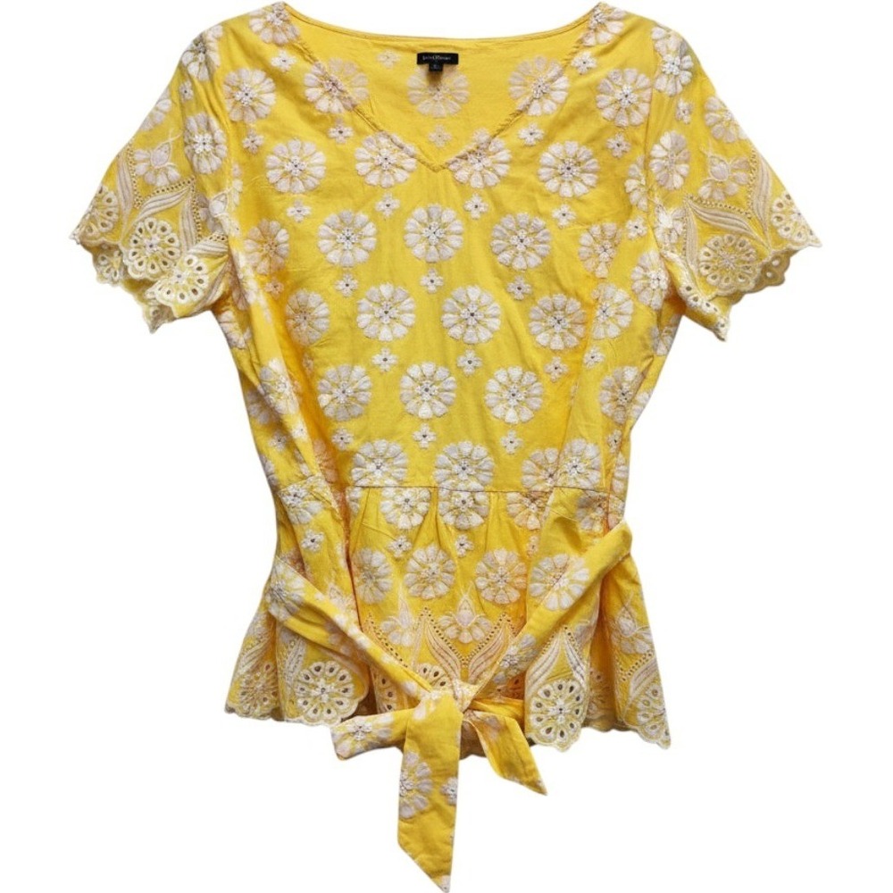 Talbots Eyelet Peplum Blouse Womens 12 Yellow Floral Embroidered Tie Belt Top